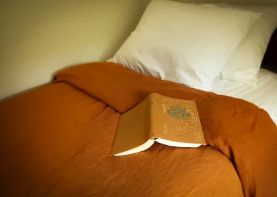 suite bed with Great Gatsby book laying on top