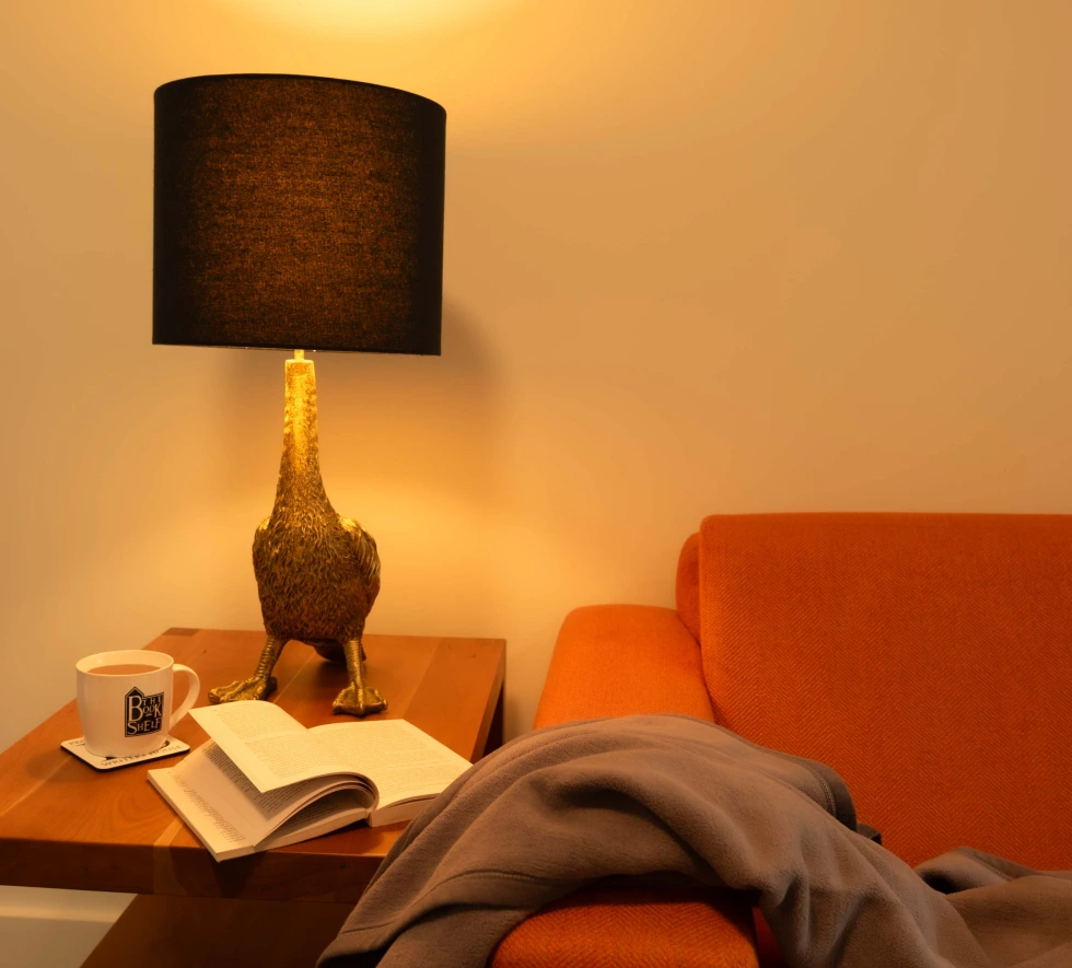 Orange couch with blanket on arm, end table with lamp, book and coffee mug